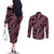 Indonesia Batik Pattern Couples Matching Off The Shoulder Long Sleeve Dress and Long Sleeve Button Shirt Pink Version