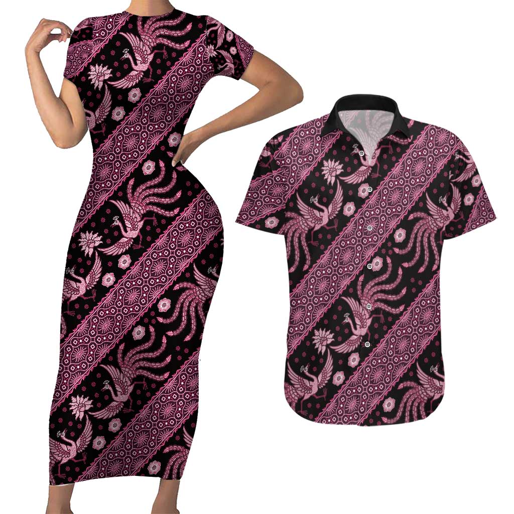 Indonesia Batik Pattern Couples Matching Short Sleeve Bodycon Dress and Hawaiian Shirt Pink Version - Wonder Print Shop