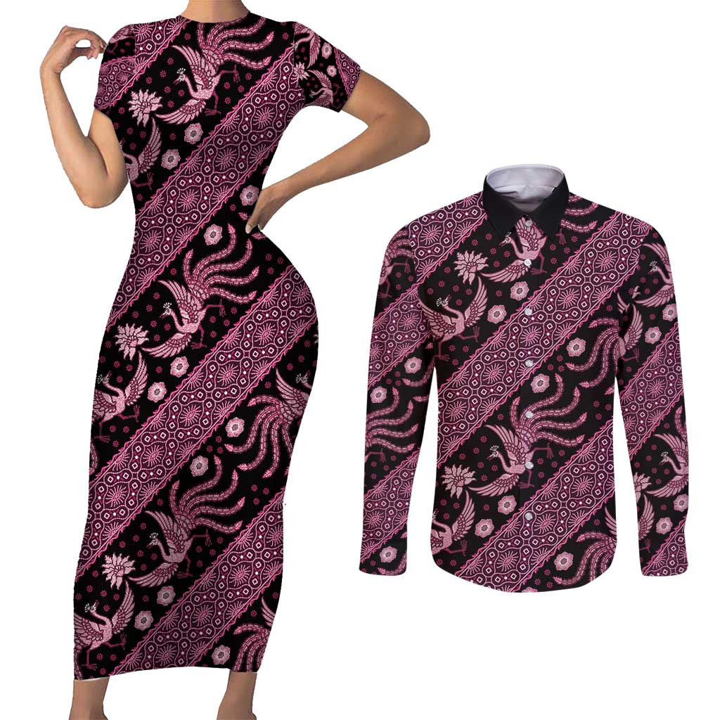 Indonesia Batik Pattern Couples Matching Short Sleeve Bodycon Dress and Long Sleeve Button Shirt Pink Version - Wonder Print Shop