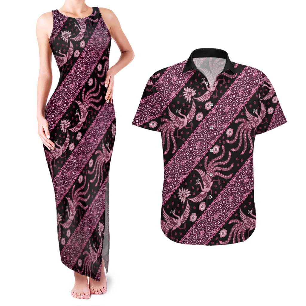 Indonesia Batik Pattern Couples Matching Tank Maxi Dress and Hawaiian Shirt Pink Version - Wonder Print Shop