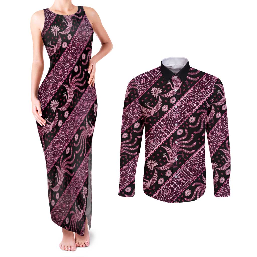 Indonesia Batik Pattern Couples Matching Tank Maxi Dress and Long Sleeve Button Shirt Pink Version - Wonder Print Shop