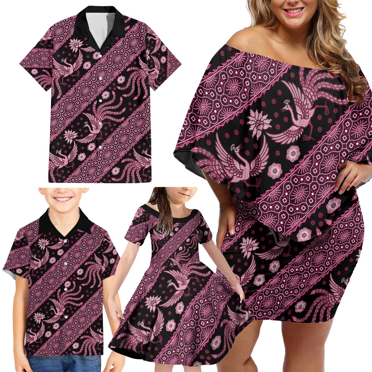 Indonesia Batik Pattern Family Matching Off Shoulder Short Dress and Hawaiian Shirt Pink Version - Wonder Print Shop