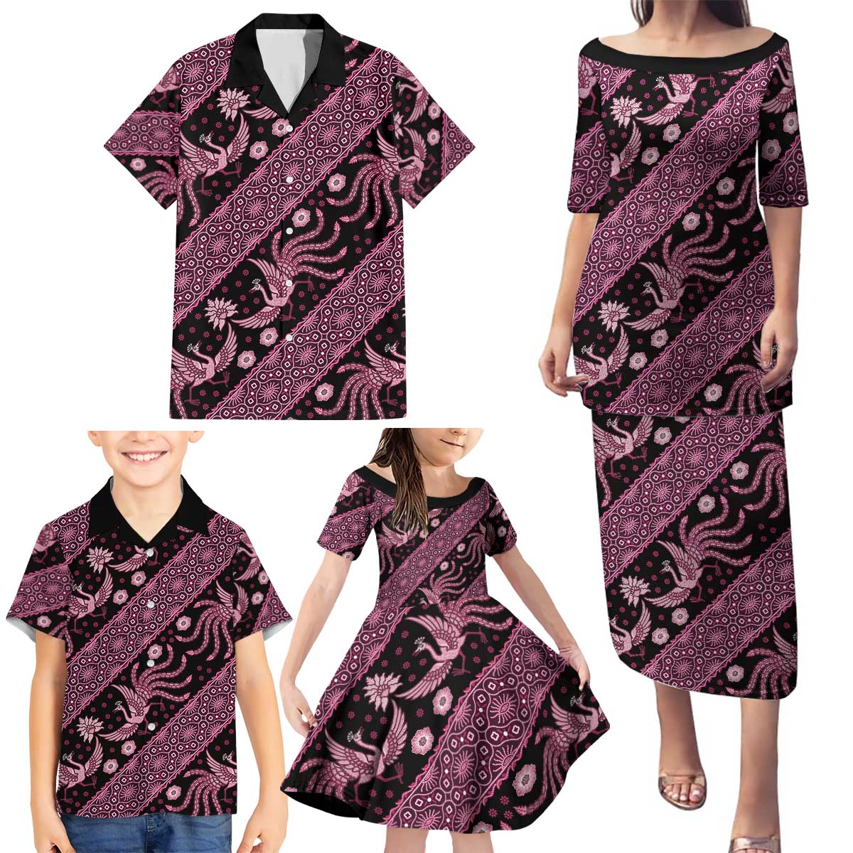 Indonesia Batik Pattern Family Matching Puletasi and Hawaiian Shirt Pink Version - Wonder Print Shop