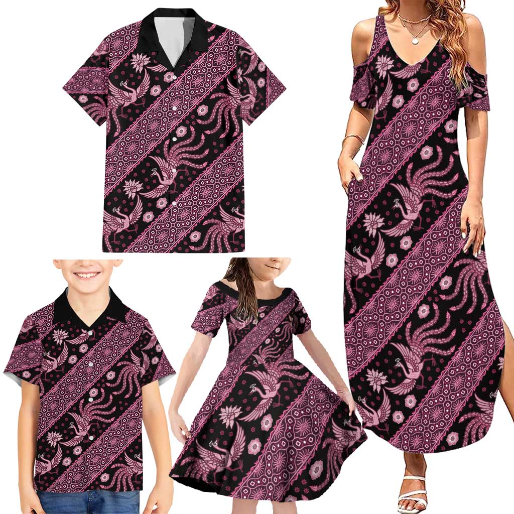 Indonesia Batik Pattern Family Matching Summer Maxi Dress and Hawaiian Shirt Pink Version - Wonder Print Shop