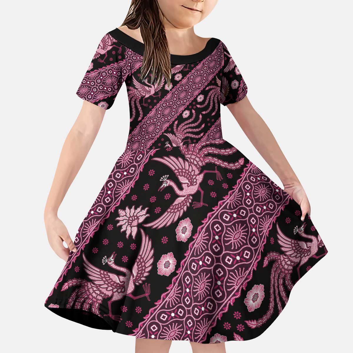 Indonesia Batik Pattern Kid Short Sleeve Dress Pink Version - Wonder Print Shop