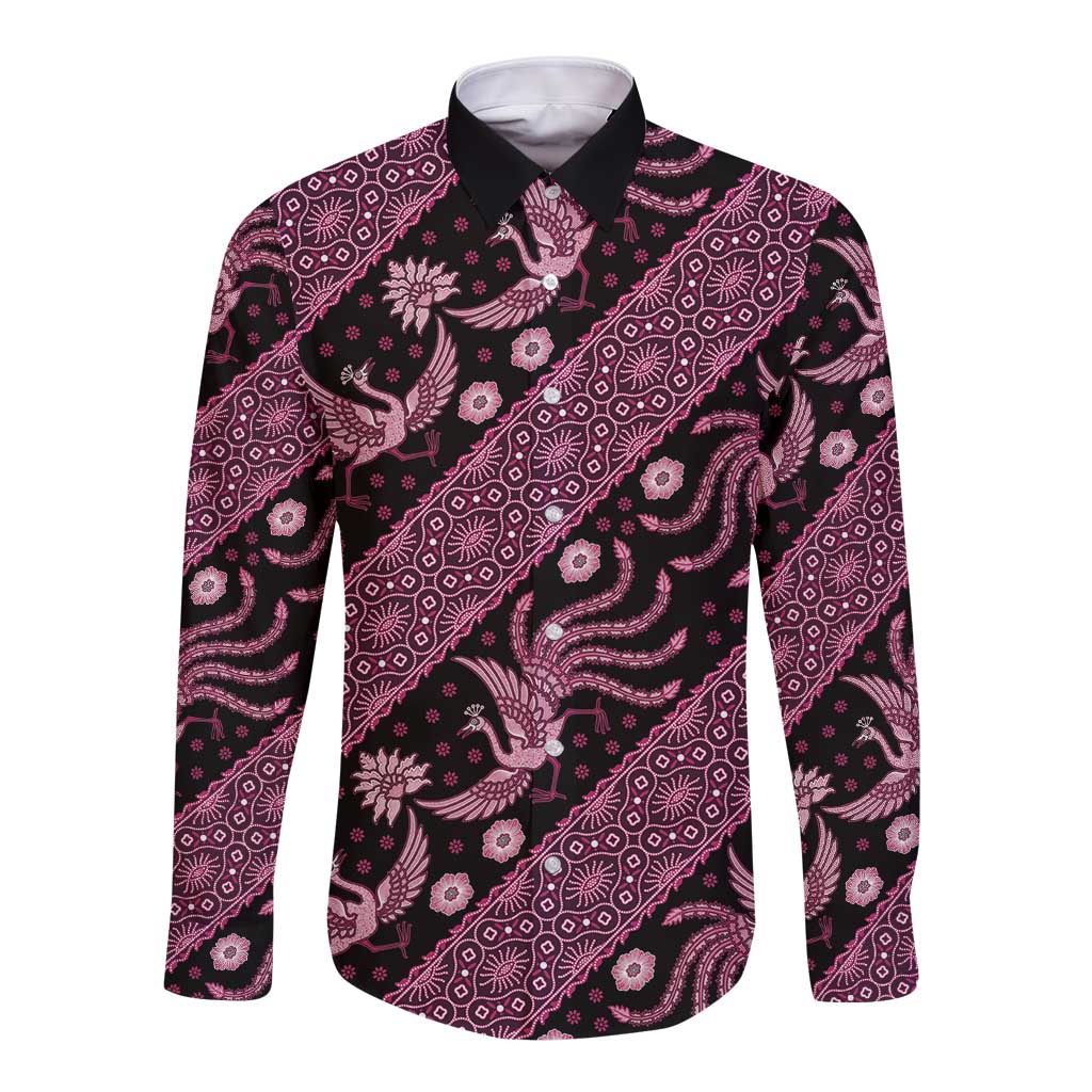 Long-sleeve batik button-up shirt with pink and dark geometric floral pattern