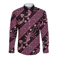 Long-sleeve batik button-up shirt with pink and dark geometric floral pattern