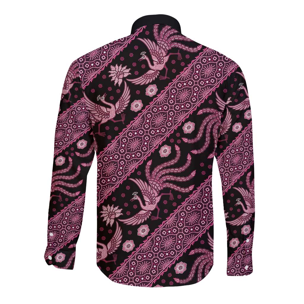 Back view of long-sleeve batik button-up shirt with pink and dark floral pattern