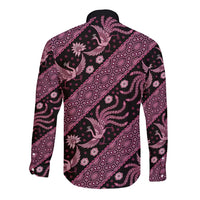 Back view of long-sleeve batik button-up shirt with pink and dark floral pattern