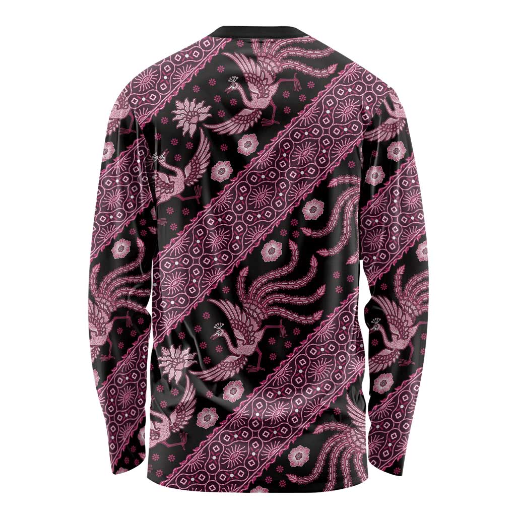 Unisex long sleeve batik shirt back view with pink floral and bird motifs, crew neck