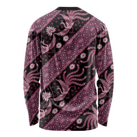 Unisex long sleeve batik shirt back view with pink floral and bird motifs, crew neck