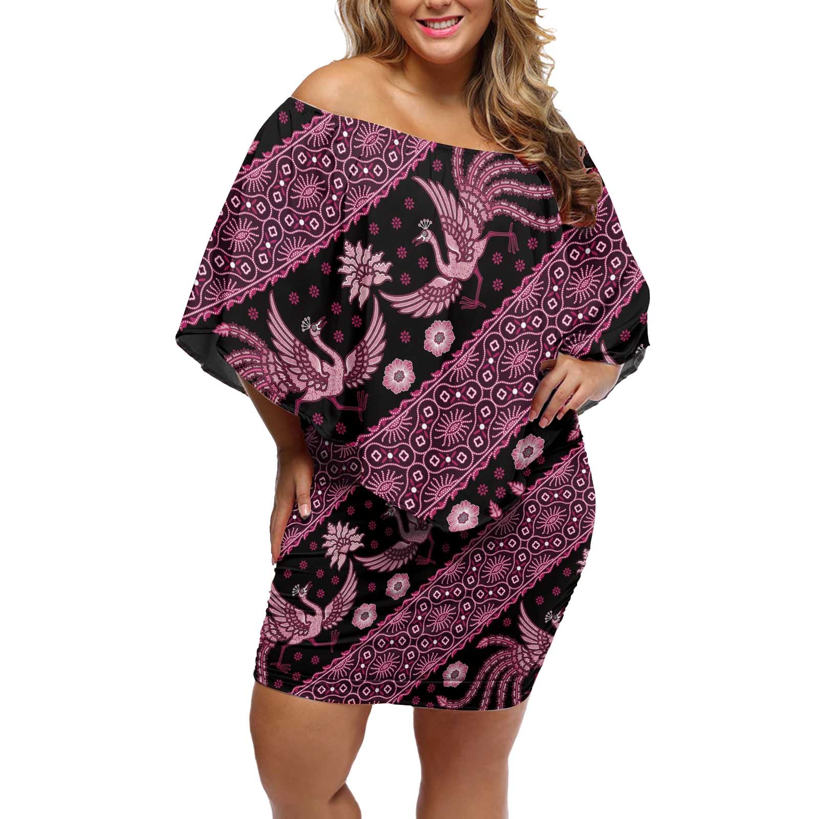 Indonesia Batik Pattern Off Shoulder Short Dress Pink Version - Wonder Print Shop