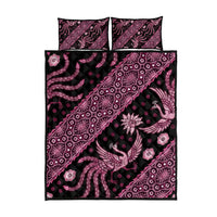 Pink batik pattern quilt bed set with two matching pillowcases and floral bird design, dark base