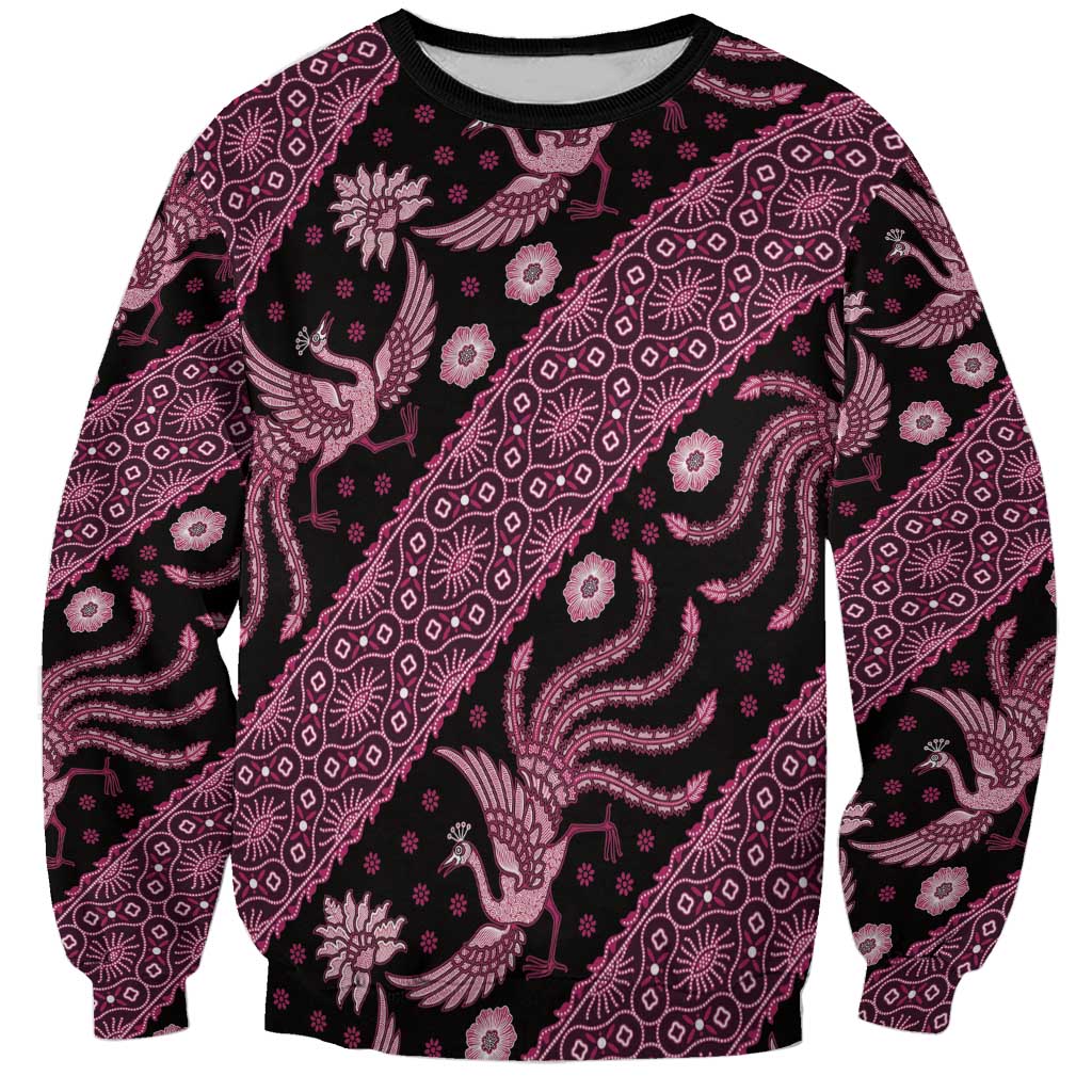 Unisex crewneck sweatshirt, all-over pink batik print on dark base