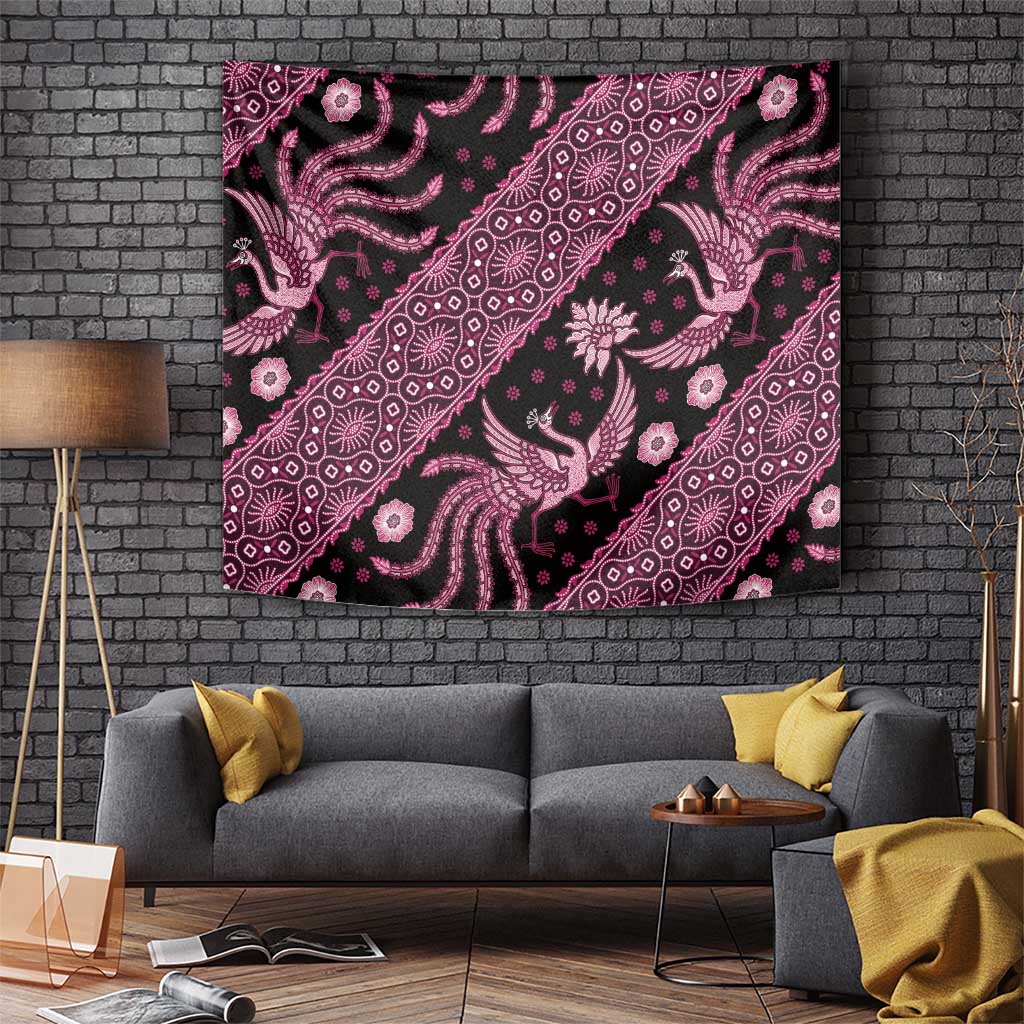 Pink Indonesian batik pattern tapestry with ornate bird, floral and diagonal motifs