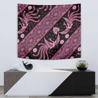 Pink Indonesian batik pattern wall tapestry with repeating bird and floral design