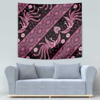 Pink batik pattern tapestry wall hanging with birds, flowers, and geometric details