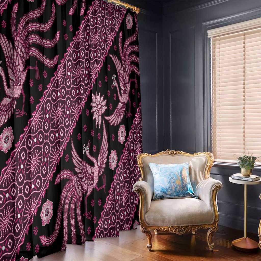 Close-up of pink and black batik-pattern window curtain fabric