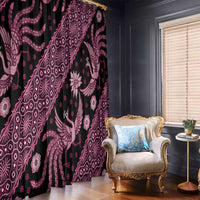 Close-up of pink and black batik-pattern window curtain fabric