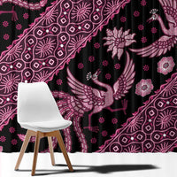 Pink and black batik-pattern window curtain with floral motifs