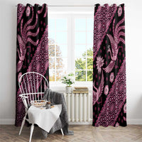 Pink and black batik-pattern window curtains with bird and floral print