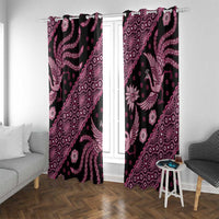 Pink and black batik-pattern window curtains, full length with rod header