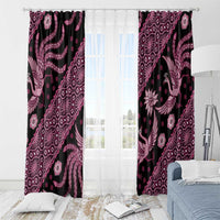 Pink and black batik-pattern window curtains with decorative top header