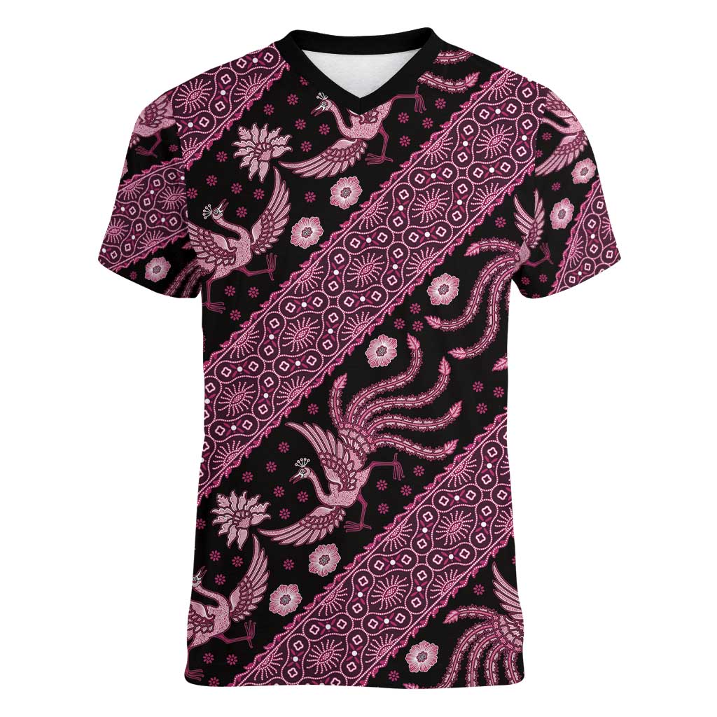 Indonesia Batik Pattern Women V-Neck T-Shirt Pink Version - Wonder Print Shop