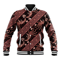 Batik-pattern baseball jacket in red and black with striped ribbed collar and cuffs