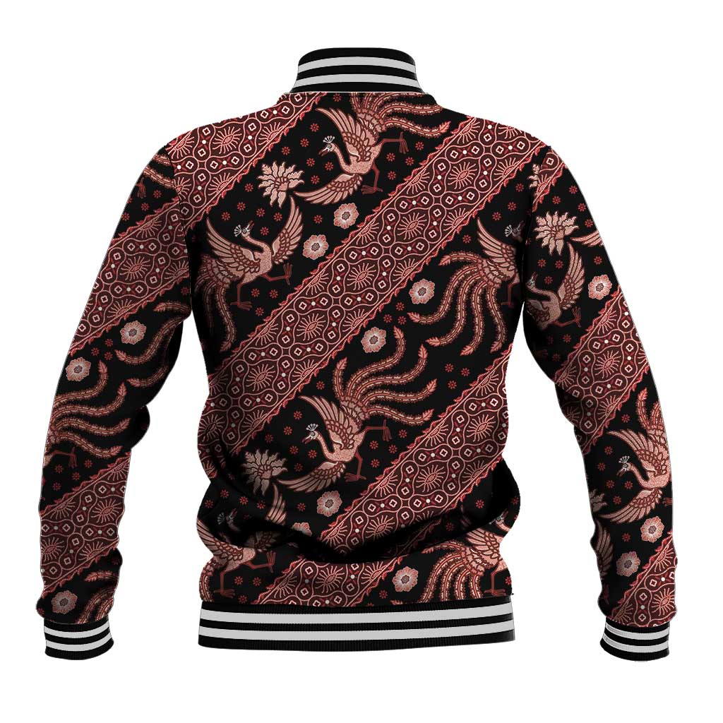 Batik-pattern baseball jacket back in red and black with striped ribbed cuffs and hem