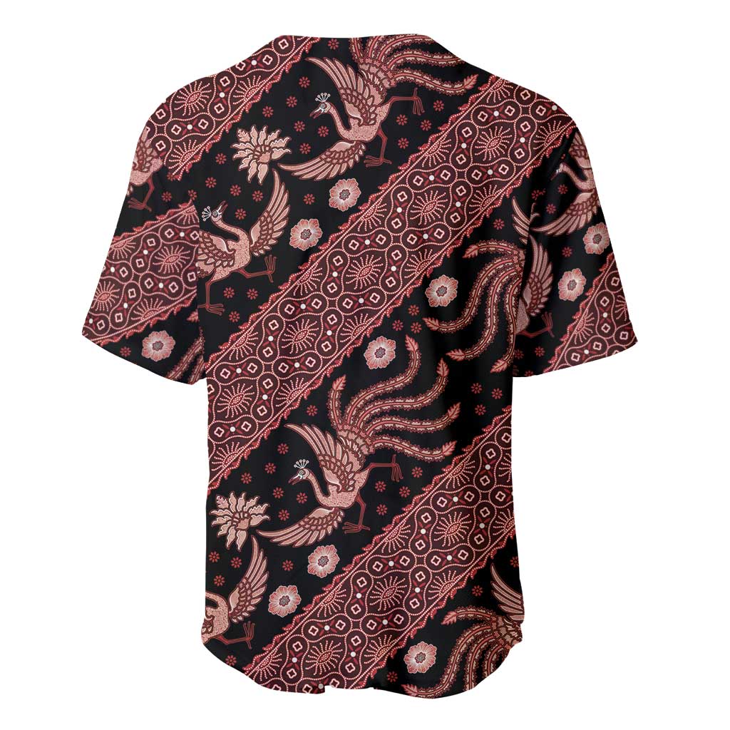 Batik pattern baseball jersey back, short sleeves, dark with red batik bird and floral motifs