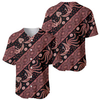 Batik pattern baseball jersey with button collar, dark base and red floral motifs