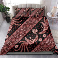 Batik bedding set with red-and-black duvet and two matching pillowcases, patterned birds
