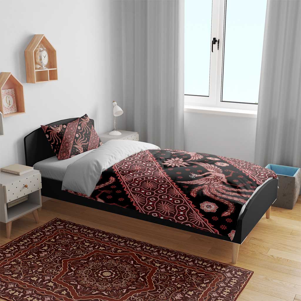 Batik bedding set on bed with red-and-black duvet and two pillowcases, detailed motifs
