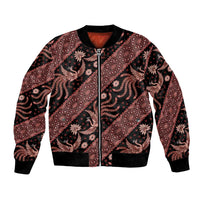 Red batik bomber jacket with black bird and floral print, zip front, ribbed cuffs