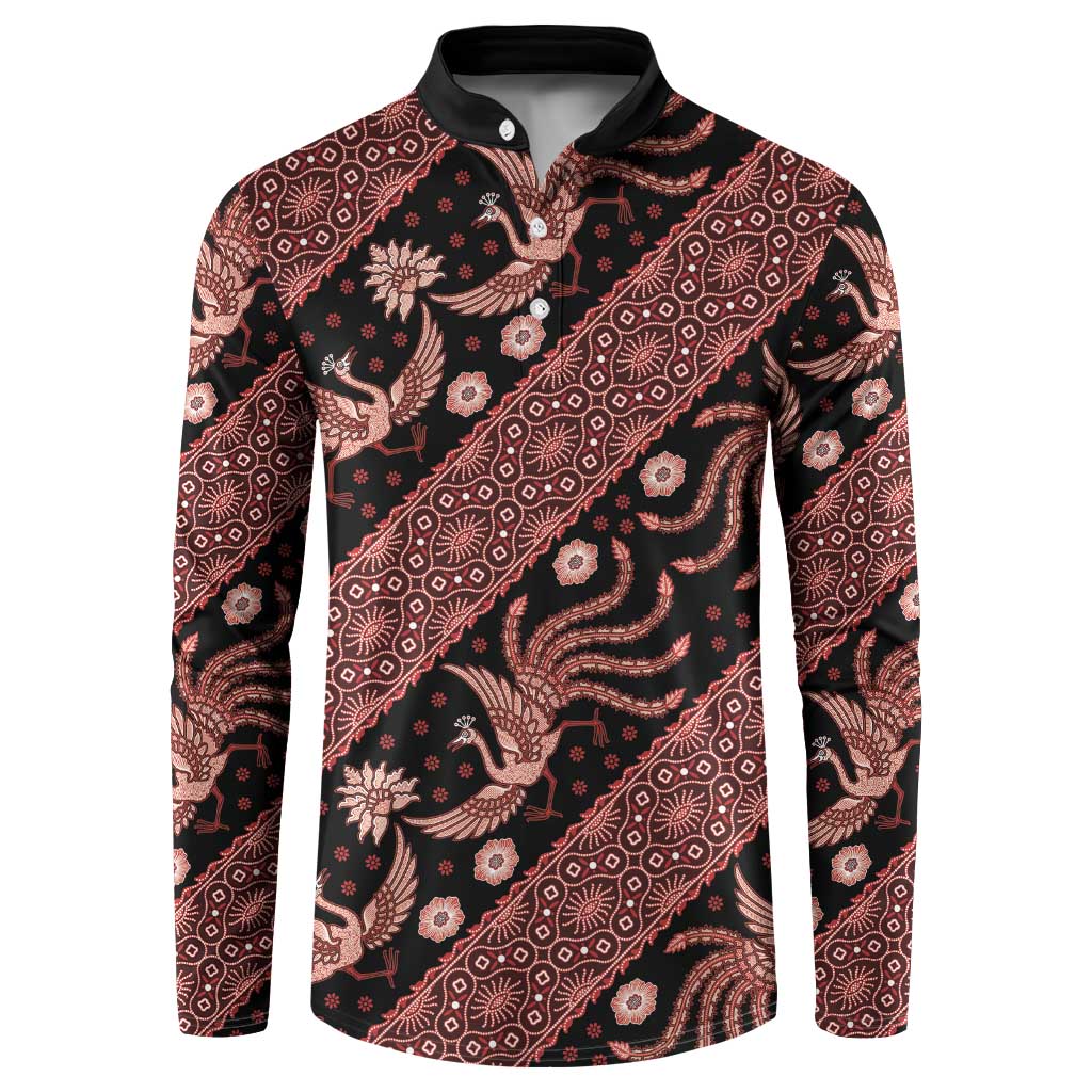 Men’s button-front sweatshirt with dark base and red batik bird pattern