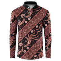 Men’s button-front sweatshirt with dark base and red batik bird pattern