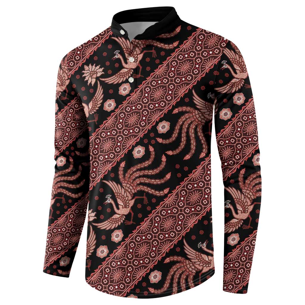 Men’s button-front sweatshirt, dark with red batik diagonal stripes and floral motifs