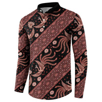 Men’s button-front sweatshirt, dark with red batik diagonal stripes and floral motifs