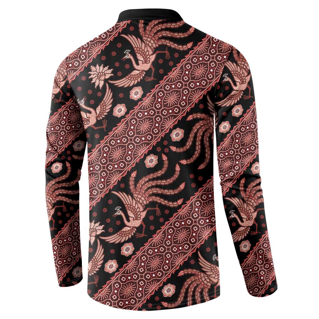 Men’s button-front sweatshirt, dark with red batik animal and geometric repeat on back