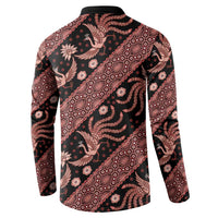 Men’s button-front sweatshirt, dark with red batik animal and geometric repeat on back