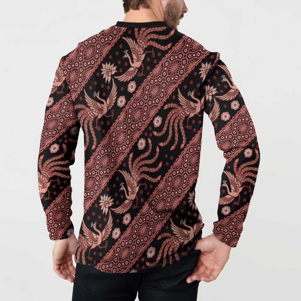 Men’s back view button-front sweatshirt, dark with red batik animal and floral pattern