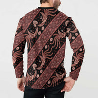 Men’s back view button-front sweatshirt, dark with red batik animal and floral pattern