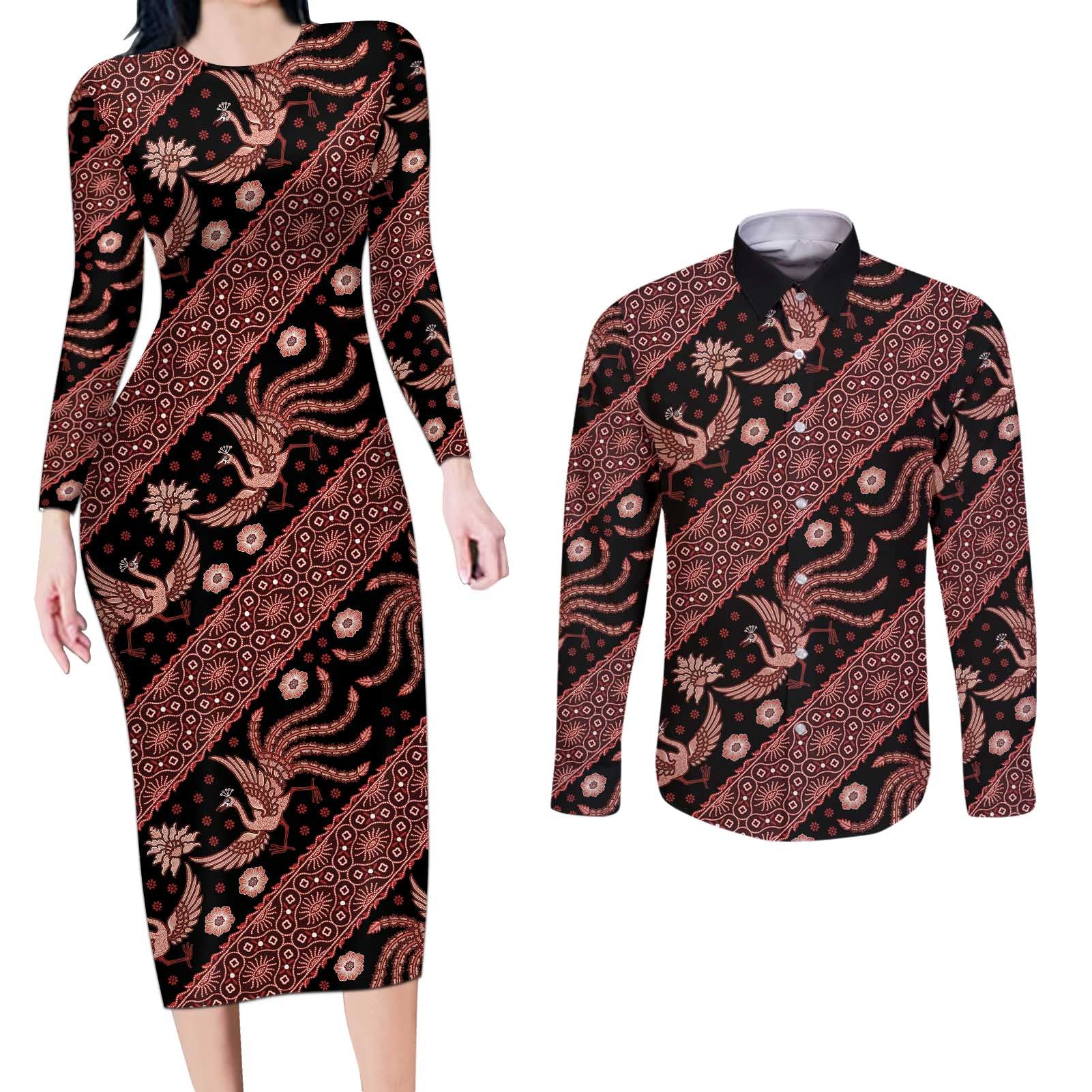 Indonesia Batik Pattern Couples Matching Long Sleeve Bodycon Dress and Long Sleeve Button Shirt Red Version - Wonder Print Shop