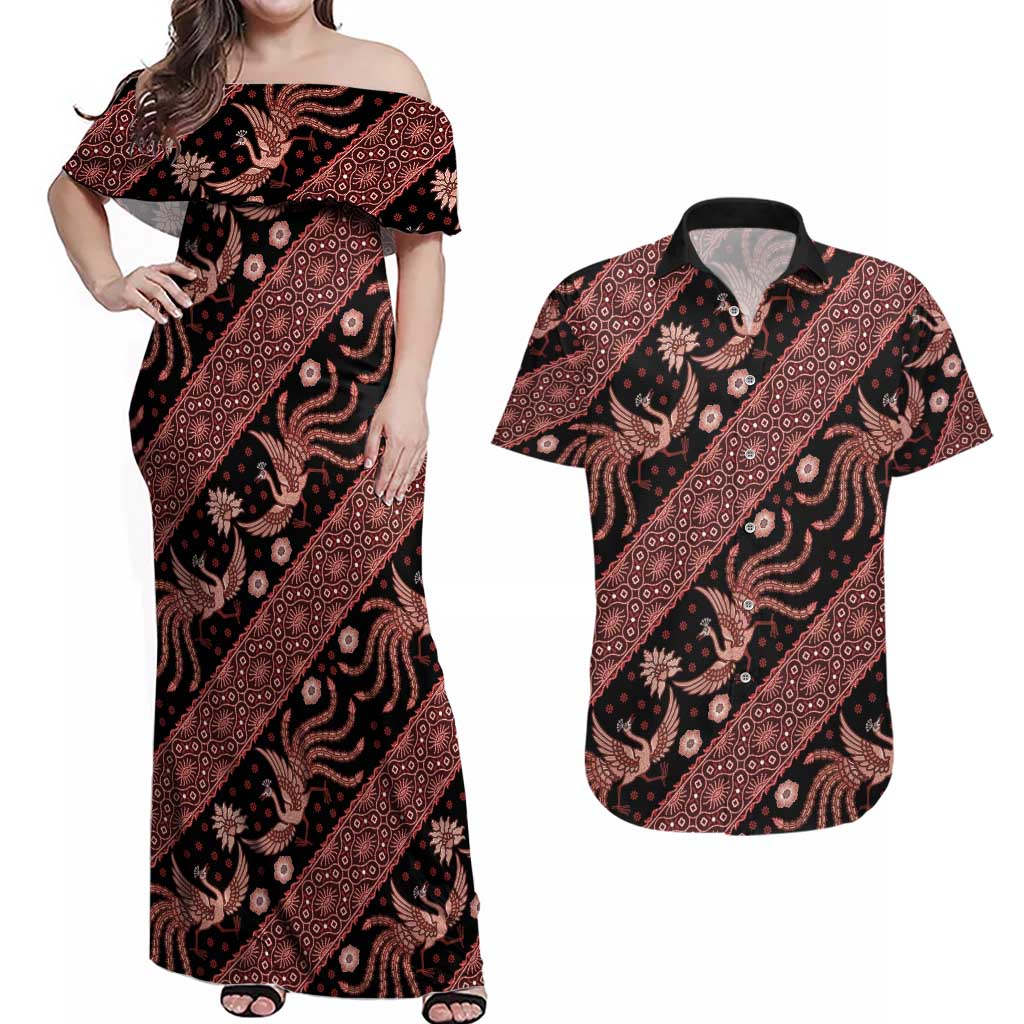 Indonesia Batik Pattern Couples Matching Off Shoulder Maxi Dress and Hawaiian Shirt Red Version - Wonder Print Shop