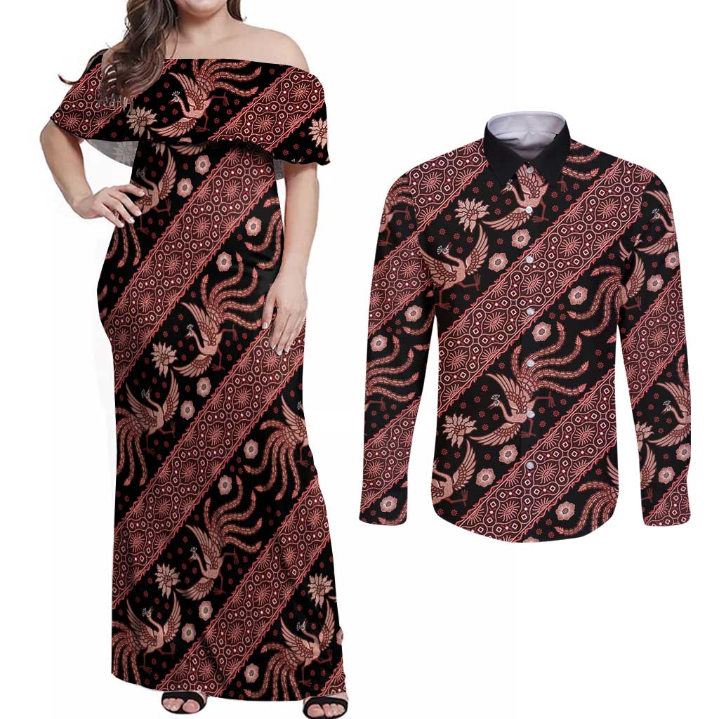 Indonesia Batik Pattern Couples Matching Off Shoulder Maxi Dress and Long Sleeve Button Shirt Red Version - Wonder Print Shop