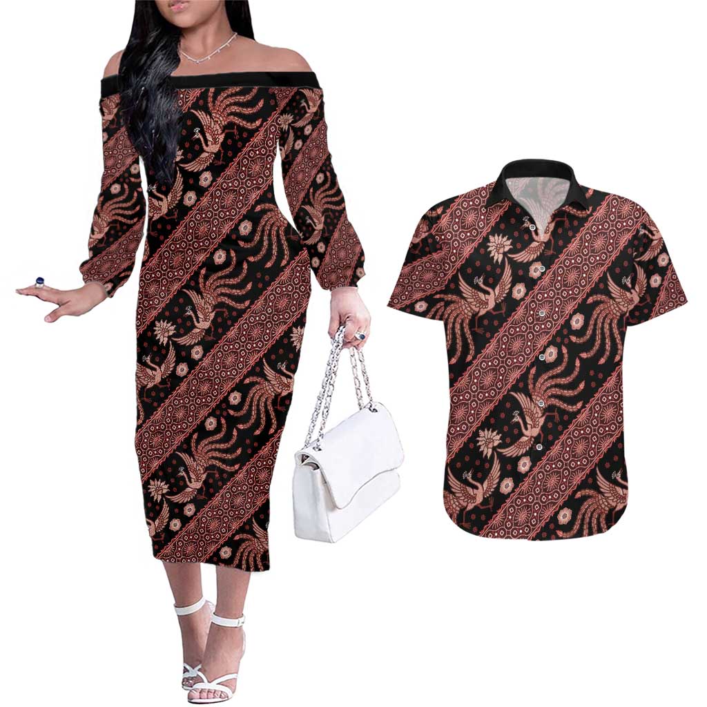 Indonesia Batik Pattern Couples Matching Off The Shoulder Long Sleeve Dress and Hawaiian Shirt Red Version - Wonder Print Shop