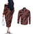 Indonesia Batik Pattern Couples Matching Off The Shoulder Long Sleeve Dress and Long Sleeve Button Shirt Red Version