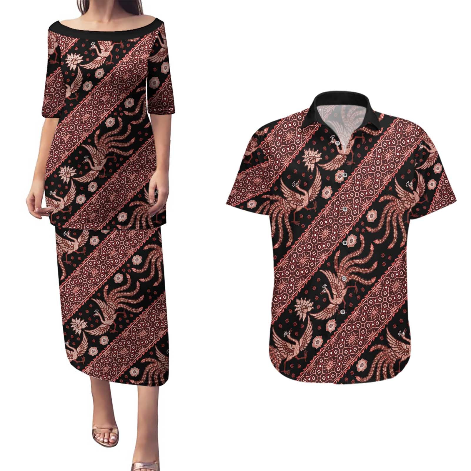 Indonesia Batik Pattern Couples Matching Puletasi and Hawaiian Shirt Red Version - Wonder Print Shop