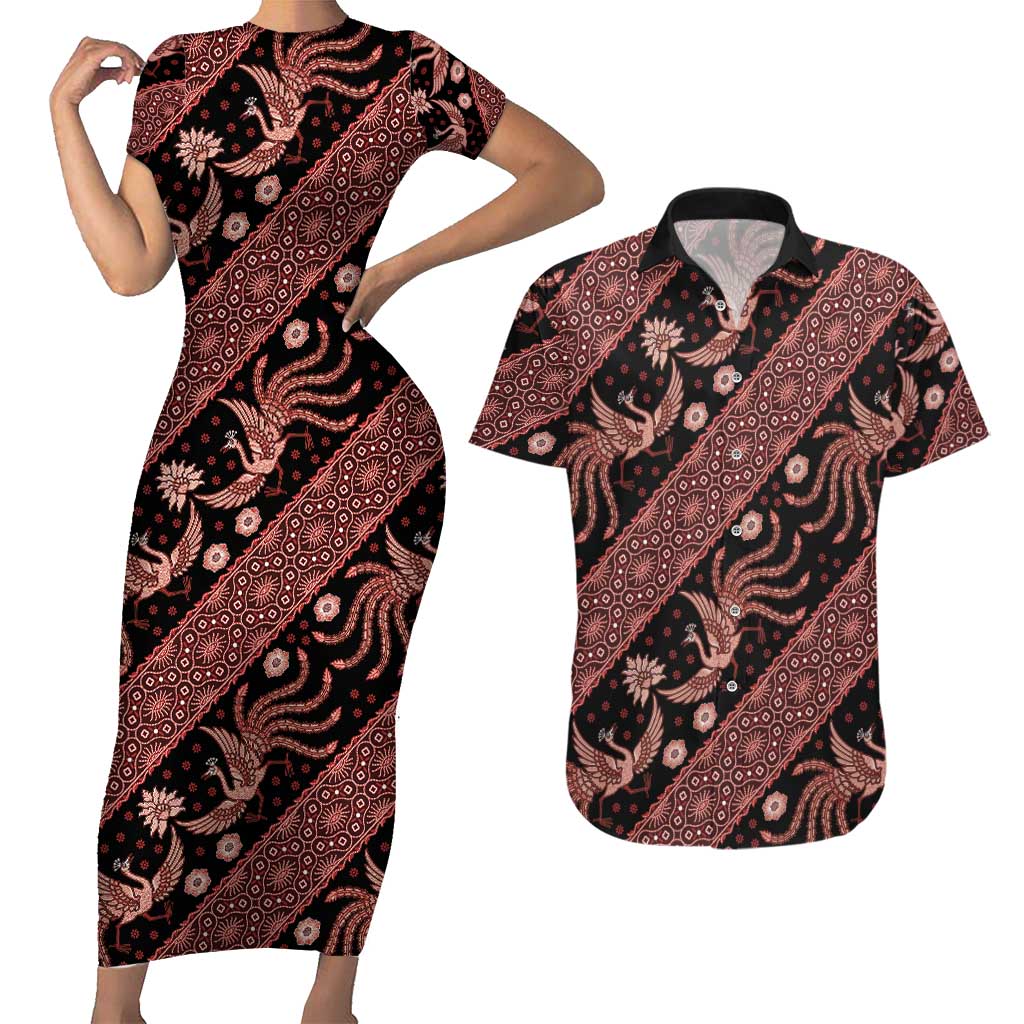 Indonesia Batik Pattern Couples Matching Short Sleeve Bodycon Dress and Hawaiian Shirt Red Version - Wonder Print Shop